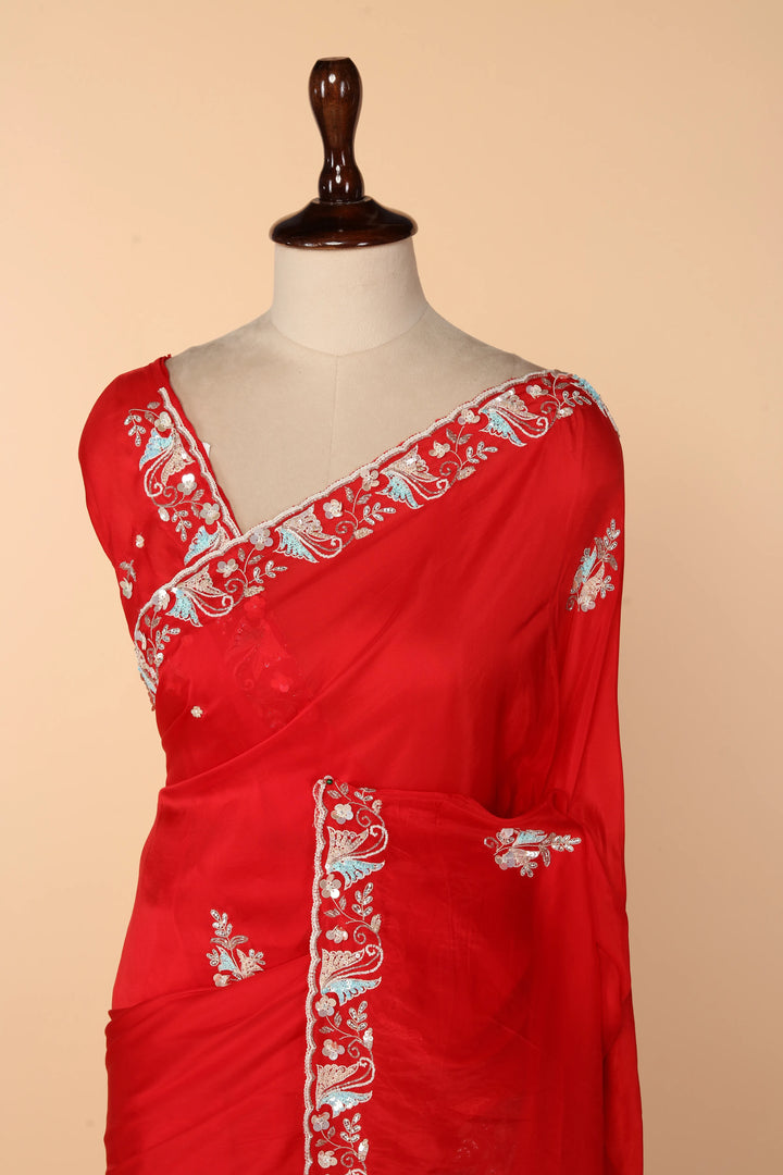 Red Abutai Silk Saree with Pita & Sequin Work