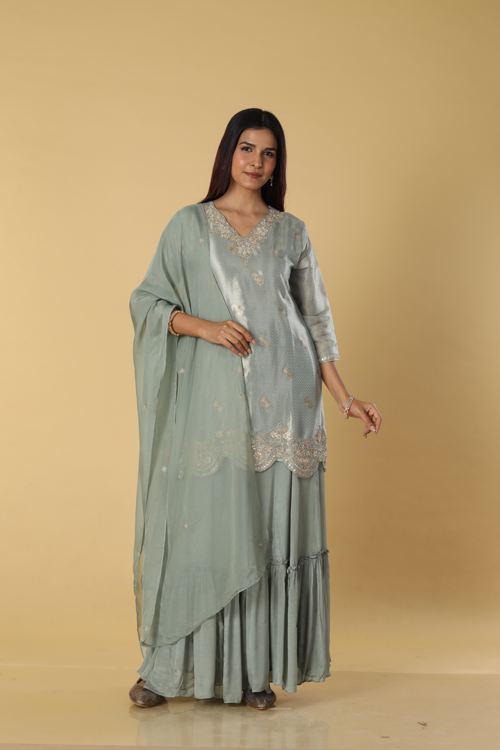 Grey tissue banarsi gota & zardosi sharara set