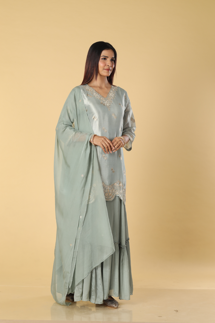 Grey tissue banarsi gota & zardosi sharara set