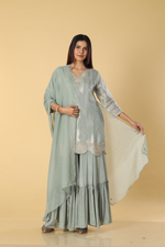 Load image into Gallery viewer, Grey tissue banarsi gota &amp; zardosi sharara set
