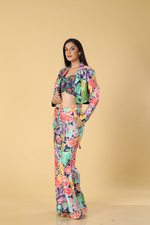 Load image into Gallery viewer, Berry blue printed pants paired with multicolour hand embroidered bustier &amp; jacket
