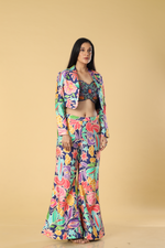 Load image into Gallery viewer, Berry blue printed pants paired with multicolour hand embroidered bustier &amp; jacket
