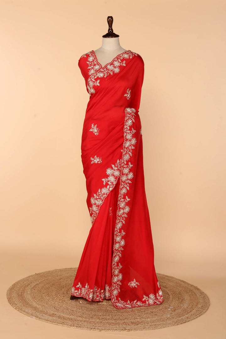 Coral Pink Abutai Silk Saree with Bead, Pearl & Sequin Work