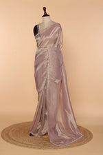 Load image into Gallery viewer, Light Purple Banarasi Tissue Saree with Stone &amp; Bead Border
