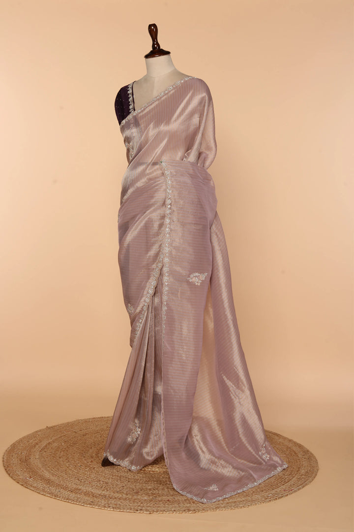 Light Purple Banarasi Tissue Saree with Stone & Bead Border