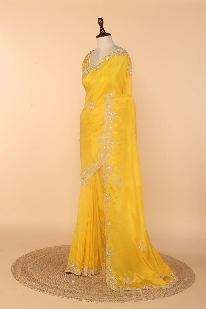 Yellow Abutai Silk Saree with Zardosi, Sequin & Bead Work