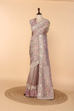 Load image into Gallery viewer, Lavender Banarasi Saree with Frilled Pleats, Side Slit &amp; Dori-Sequin Border
