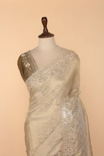 Load image into Gallery viewer, Beige Banarasi Saree with Sequence, Multicolour Beads &amp; Mirror Work
