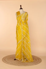 Load image into Gallery viewer, Sunshine Yellow Organza Lehariya Saree with Gota Patti &amp; Pearl Border

