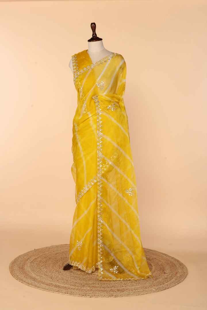 Sunshine Yellow Organza Lehariya Saree with Gota Patti & Pearl Border