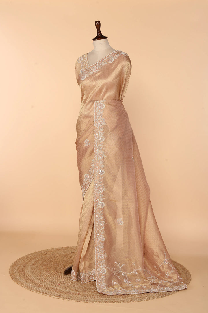 Peach Gold Banarasi Tissue Saree with Gota Patti, Zardosi & Bead Work on Pallu