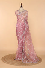 Load image into Gallery viewer, Onion Pink Tissue Saree with Resham Jal, Mirror, Stone, Sequin &amp; Cutdana Work
