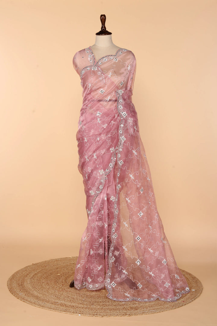 Onion Pink Tissue Saree with Resham Jal, Mirror, Stone, Sequin & Cutdana Work