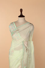 Load image into Gallery viewer, Mint Green Georgette Organza Saree with Lace, Gota Dori &amp; Appliqué Resham Work
