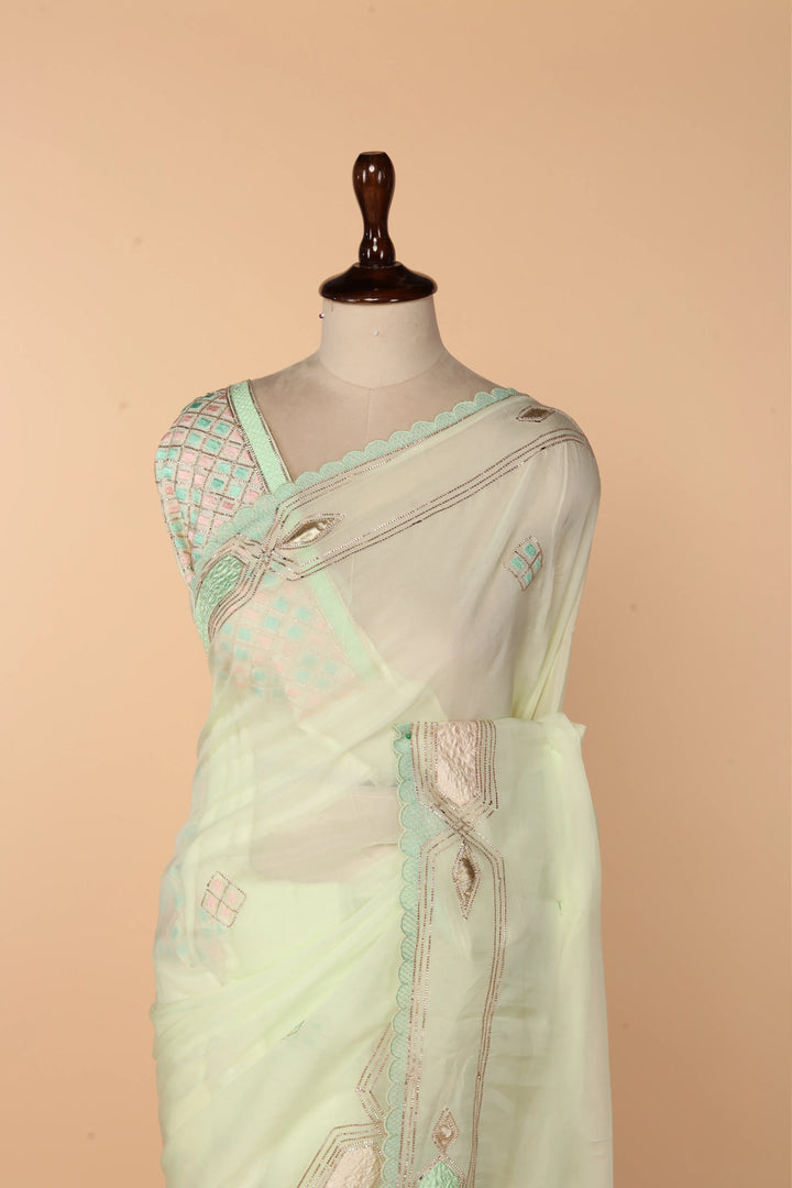 Mint Green Georgette Organza Saree with Lace, Gota Dori & Appliqué Resham Work