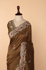 Load image into Gallery viewer, Earthy Brown Dola Silk Saree with Pita &amp; Resham Work
