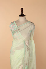 Load image into Gallery viewer, Mint Green Georgette Organza Saree with Lace, Gota Dori &amp; Appliqué Resham Work
