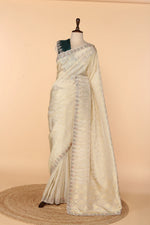 Load image into Gallery viewer, Off-White Banarasi Silk Saree with Meenakari Mirror &amp; Bead Work
