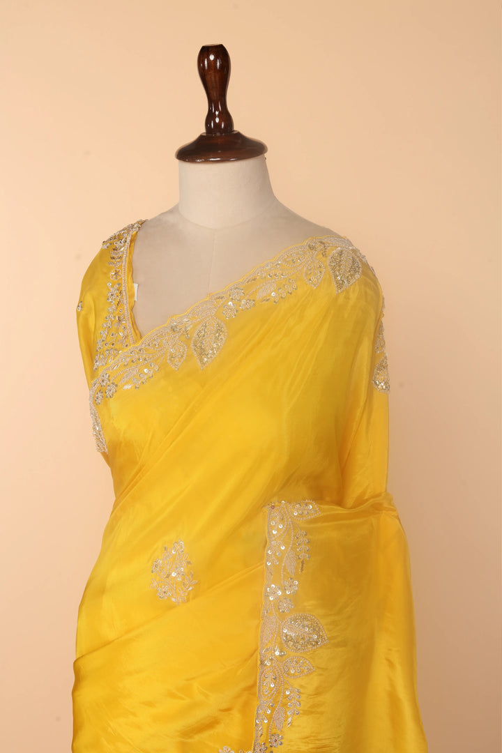 Yellow Abutai Silk Saree with Zardosi, Sequin & Bead Work