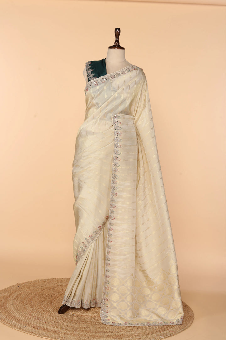 Off-White Banarasi Silk Saree with Meenakari Mirror & Bead Work