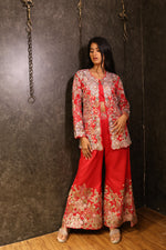 Load image into Gallery viewer, Red Raw Silk Indowestern Set with Zardozi &amp; Thread Work
