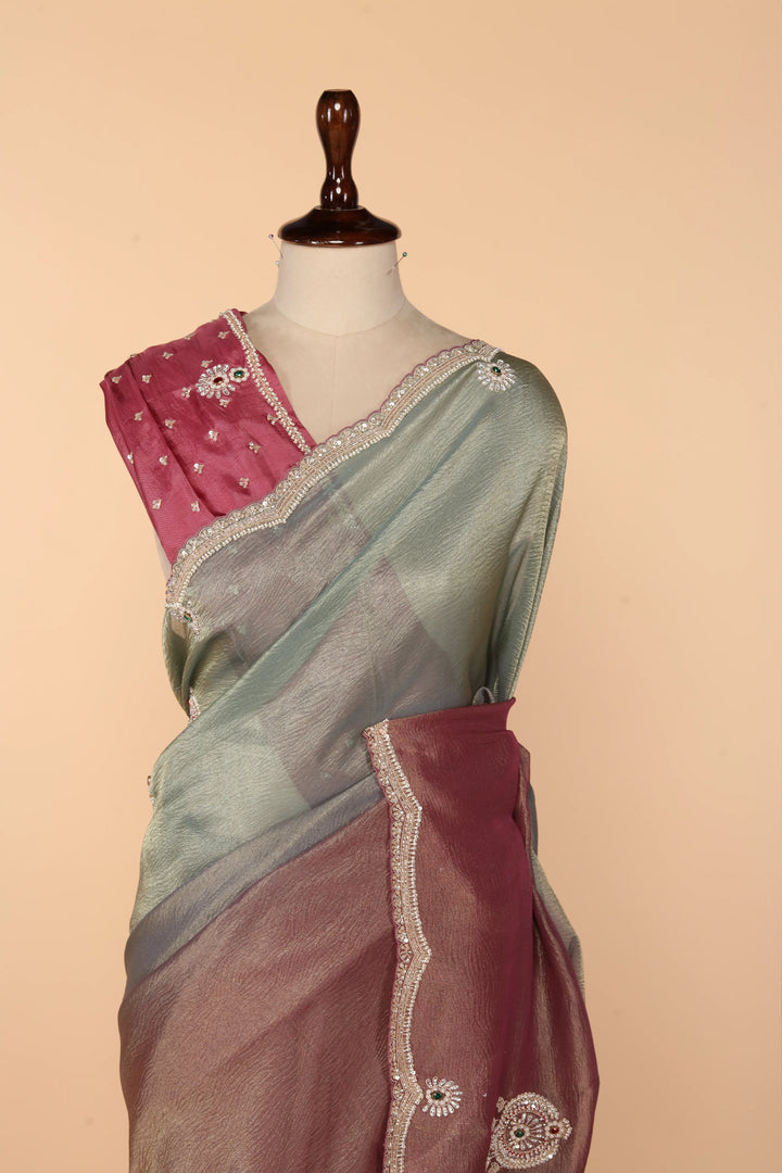 4D Metallic Crush Tissue Saree with Jewellery-Style Design
