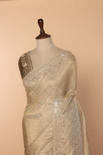 Load image into Gallery viewer, Beige Banarasi Saree with Sequence, Multicolour Beads &amp; Mirror Work
