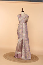 Load image into Gallery viewer, Lavender Banarasi Saree with Frilled Pleats, Side Slit &amp; Dori-Sequin Border
