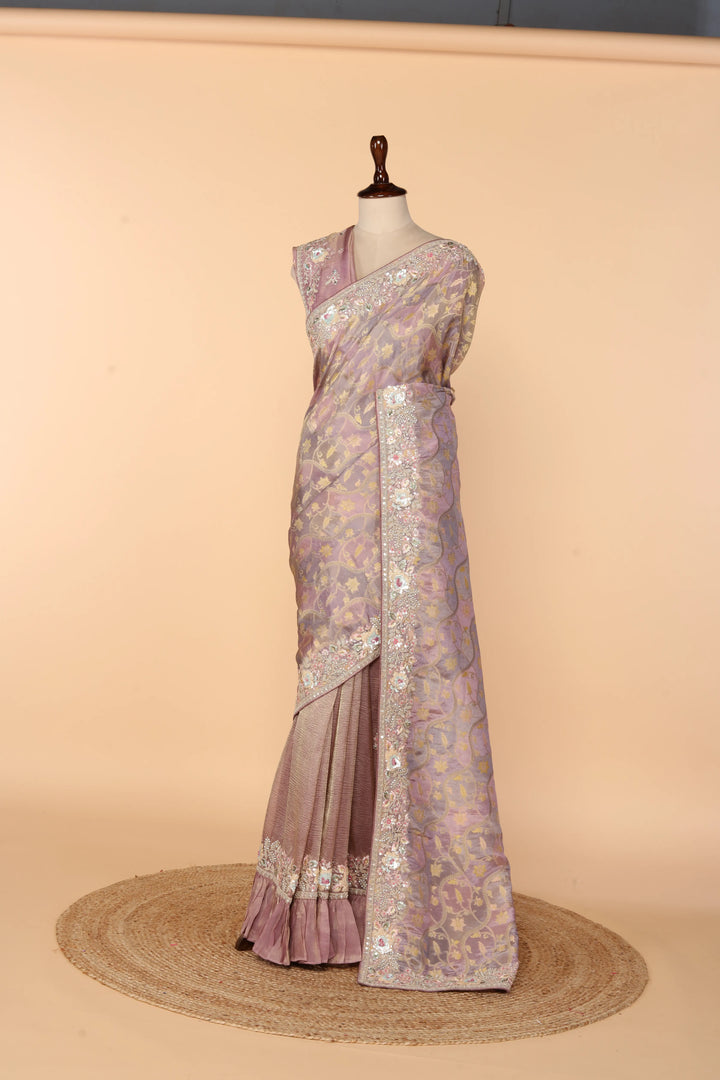 Lavender Banarasi Saree with Frilled Pleats, Side Slit & Dori-Sequin Border