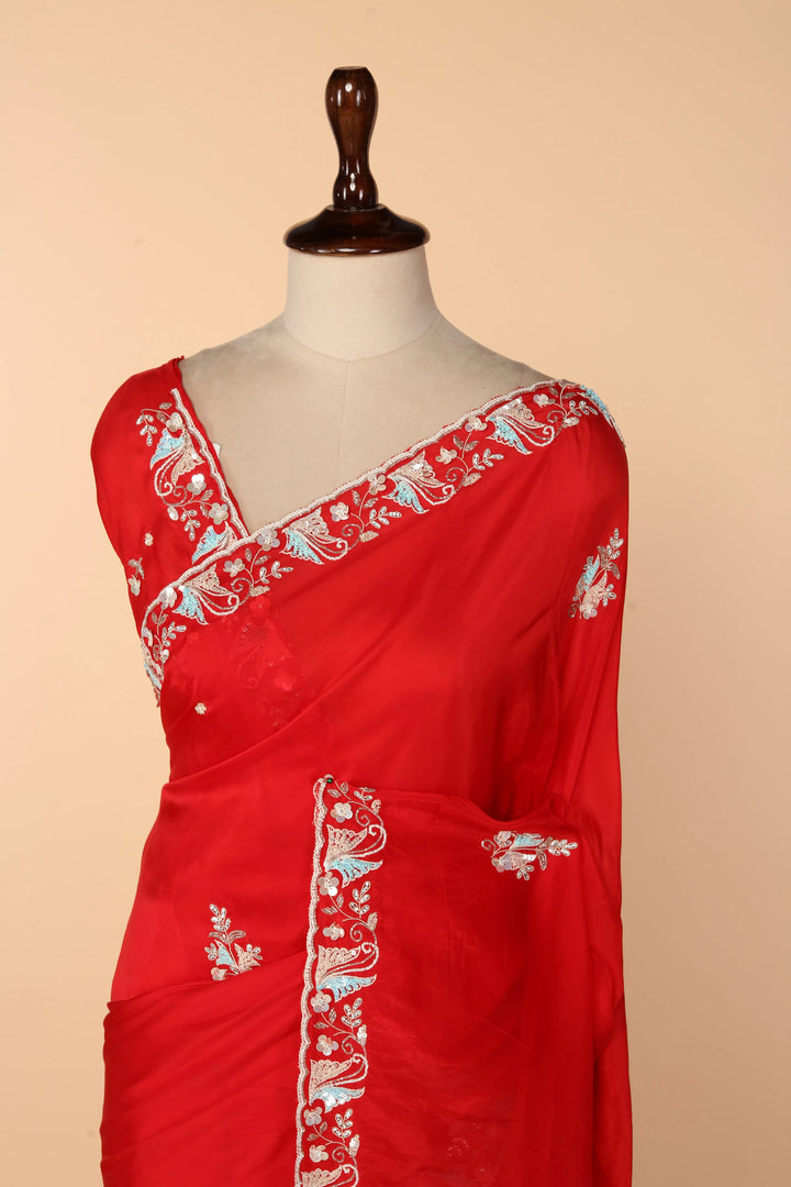 Red Abutai Silk Saree with Pita & Sequin Work