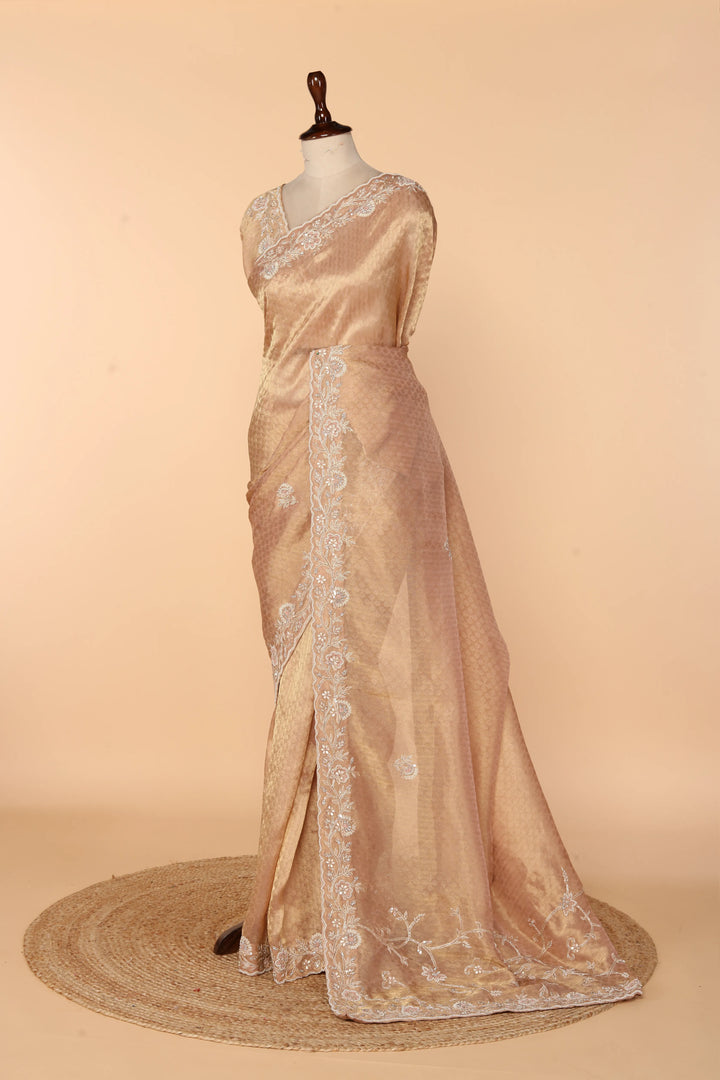 Peach Gold Banarasi Tissue Saree with Gota Patti, Zardosi & Bead Work on Pallu
