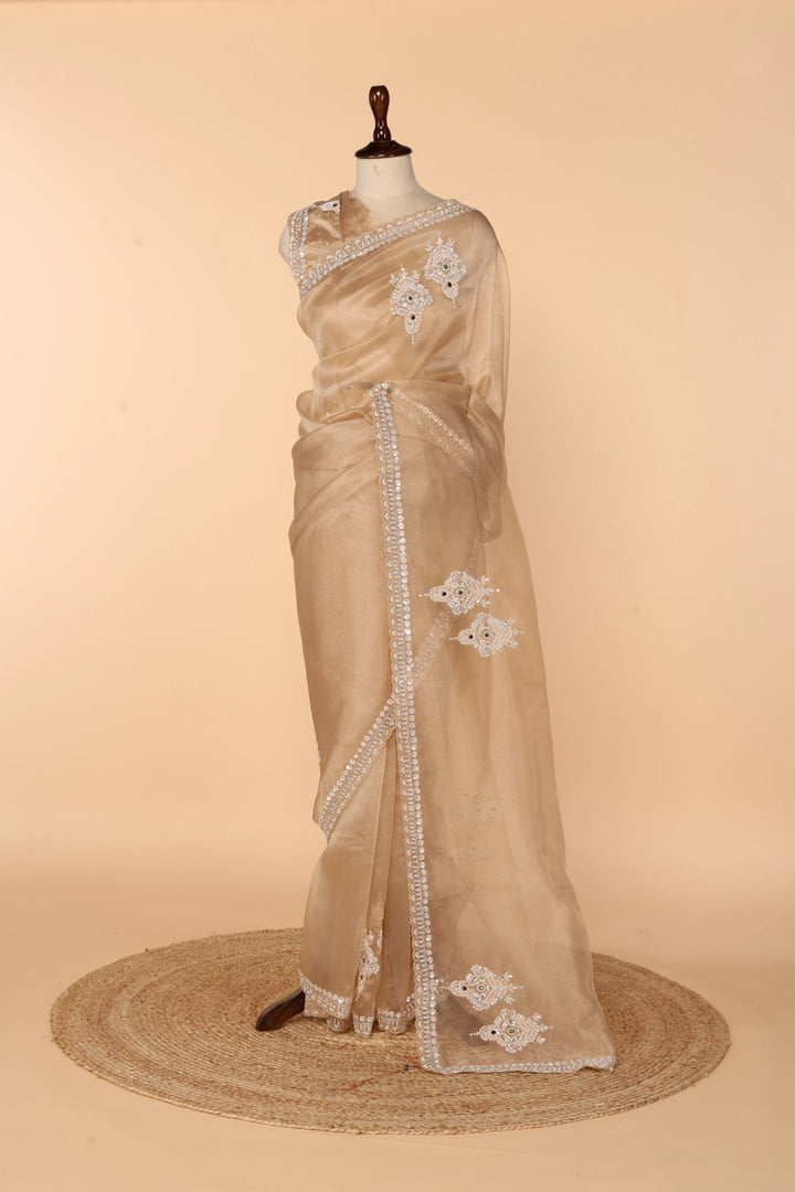 Ivory-Gold Tissue Saree with Jewellery-Style Design