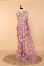 Load image into Gallery viewer, Onion Pink Tissue Saree with Resham Jal, Mirror, Stone, Sequin &amp; Cutdana Work
