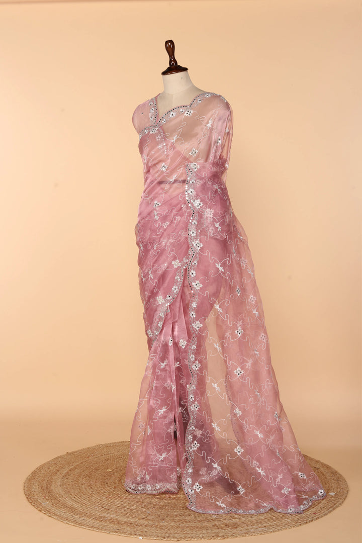 Onion Pink Tissue Saree with Resham Jal, Mirror, Stone, Sequin & Cutdana Work