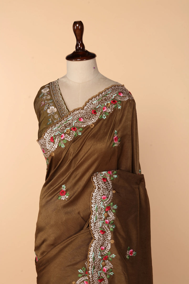 Earthy Brown Dola Silk Saree with Pita & Resham Work