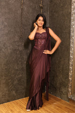 Load image into Gallery viewer, Wine Satin Organza Draped Saree with Corset Blouse

