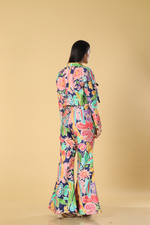Load image into Gallery viewer, Berry blue printed pants paired with multicolour hand embroidered bustier &amp; jacket
