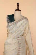 Load image into Gallery viewer, Off-White Banarasi Silk Saree with Meenakari Mirror &amp; Bead Work
