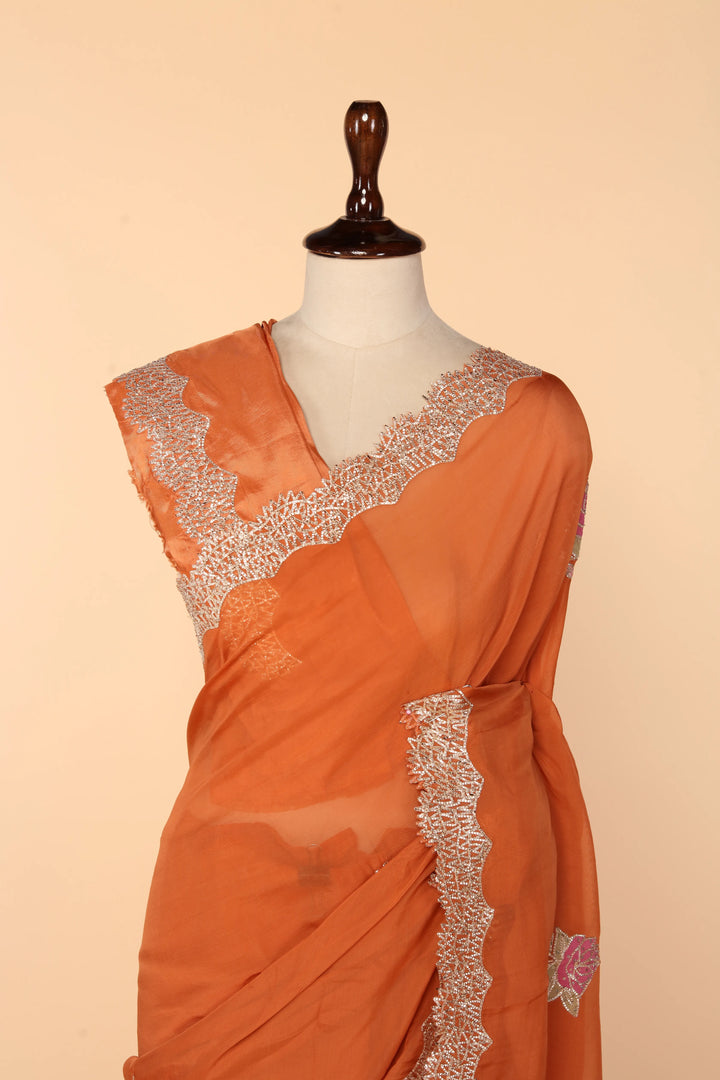 Rust Orange Organza Saree with Appliqué & Gota Work