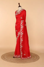 Load image into Gallery viewer, Coral Pink Abutai Silk Saree with Bead, Pearl &amp; Sequin Work
