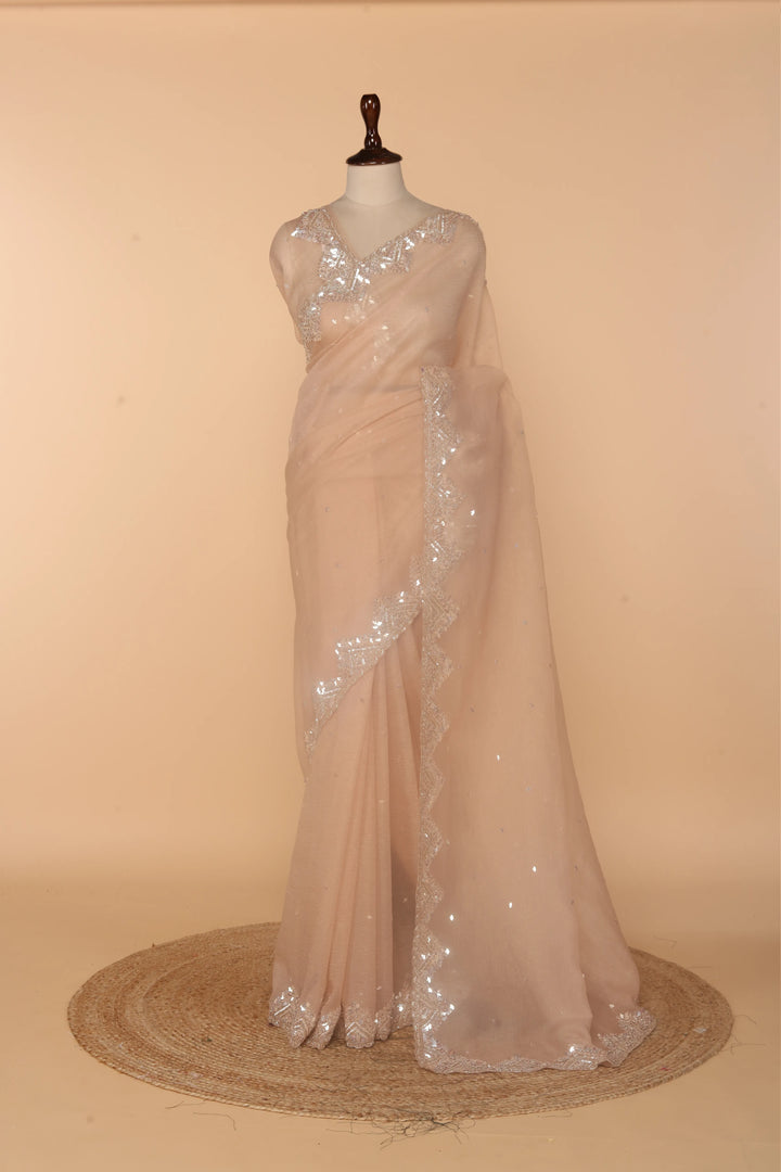 Peach Tissue Crush Saree with 3D Sequin & Bead Work