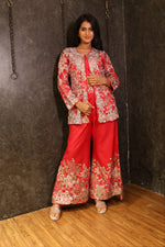 Load image into Gallery viewer, Red Raw Silk Indowestern Set with Zardozi &amp; Thread Work
