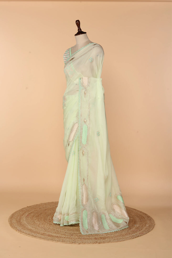 Mint Green Georgette Organza Saree with Lace, Gota Dori & Appliqué Resham Work