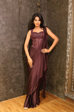 Load image into Gallery viewer, Wine Satin Organza Draped Saree with Corset Blouse
