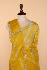 Load image into Gallery viewer, Sunshine Yellow Organza Lehariya Saree with Gota Patti &amp; Pearl Border
