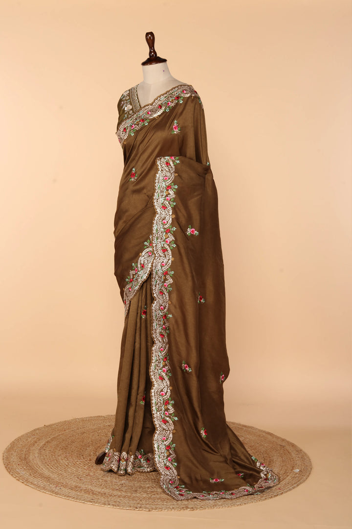 Earthy Brown Dola Silk Saree with Pita & Resham Work