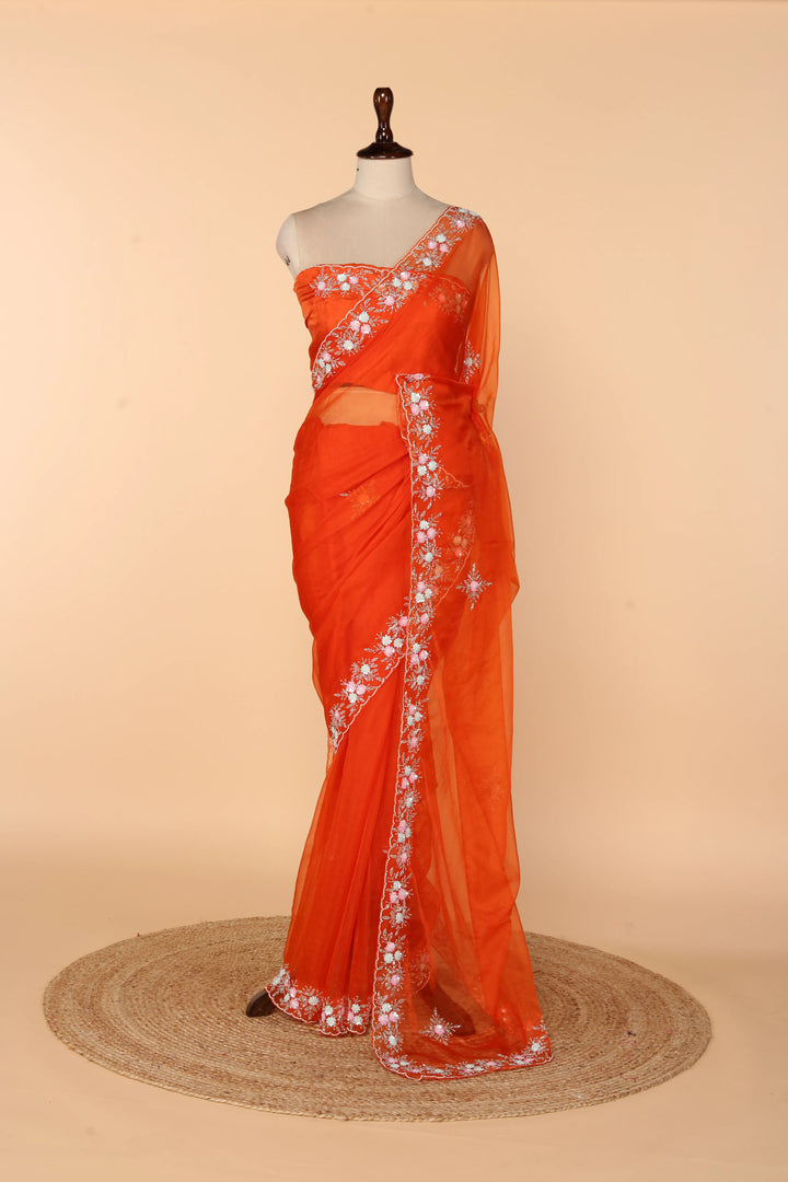 Tangerine Soft Organza Saree with Multicolour Sequin & Cutdana Pearl Border