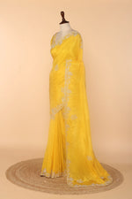 Load image into Gallery viewer, Yellow Abutai Silk Saree with Zardosi, Sequin &amp; Bead Work
