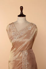 Load image into Gallery viewer, Peach Gold Banarasi Tissue Saree with Gota Patti, Zardosi &amp; Bead Work on Pallu
