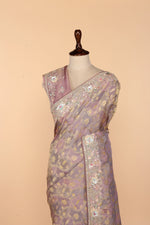 Load image into Gallery viewer, Lavender Banarasi Saree with Frilled Pleats, Side Slit &amp; Dori-Sequin Border

